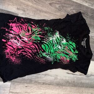 Streetwear Society Black Tee with Pink and Green Starburst y2k